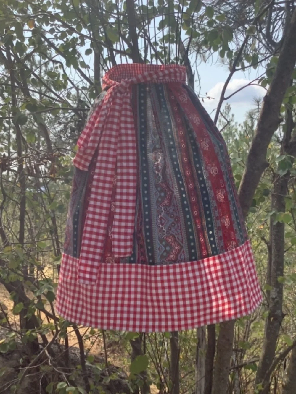 Red Check Straps Green Floral Stripe Apron Costume Kitchen Peasant Oktoberfest